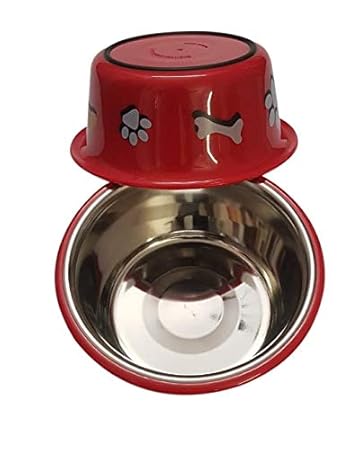 ELTON Paw & Bone Cutie Bowls (Red) Dog Bowls Export Quality Inside Stainless Steel Dog Food Bowl Feeder Bowls Pet Bowl for Feeding Dogs Cats and Pets (Large 1.80 L) Set of - 2