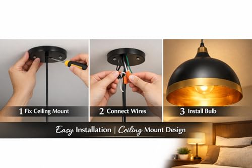 Image of DarkVision Modern Metal Black with Gold Shade Hanging Pendant Light Dome Shape with Adjustable Cord Ceiling Fixture for Kitchen Island, Bedroom, Living Room, Balcony, Dining Area (Bulb Included)