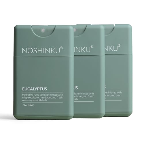 Noshinku - Refillable Hand Sanitizer Eucalyptus 3-Pack, Travel Size Spray with Hydrating Botanical Oils, Natural Ingredients, All Natural Fragrances, Sugarcane Derived Alcohol, No Parabens, No Dyes