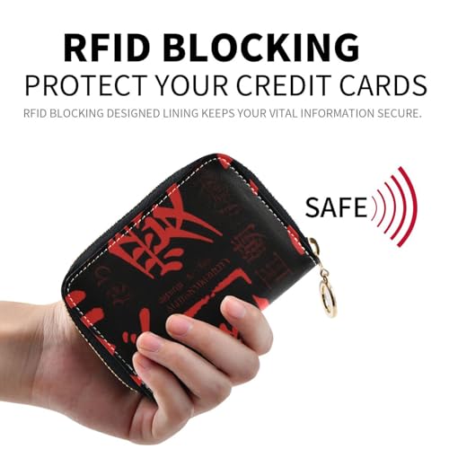 Red and Black Gothic Y2k Text leather womens card wallet With 9 cards slot RFID Blocking credit card holder for men with zipper2