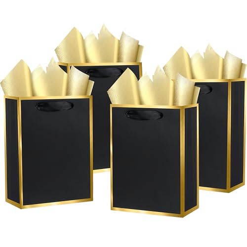 OfficeCastle 10-Pack Black and Golden Gift Bags with Handles Gift Bag with Tissue Paper - Paper Bags for Men Perfect for Valentines Gifts and Shopping (6x2.5x8in)