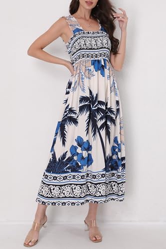 Image of Women Summer Boho Maxi Dress Casual Hawaiian Sleeveless Square Neck Beach Vacation Dresses