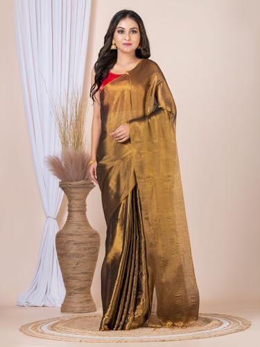 Image of Women's Tissue Cotton Saree | Plain Lightweight Tassel Pallu Saree with Blouse