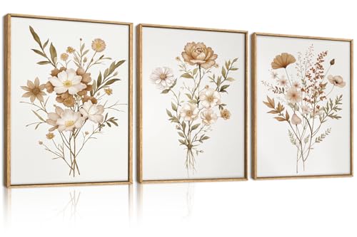 Image of KAIRNE Neutral Boho Floral Framed Canvas Wall Art Set, Vintage Botanical Flower Wall Decor, Minimalist Wildflower Art Prints, Modern Beige Artwork for Living Room, Bedroom, Farmhouse, Office-12 inchx16 inchx3