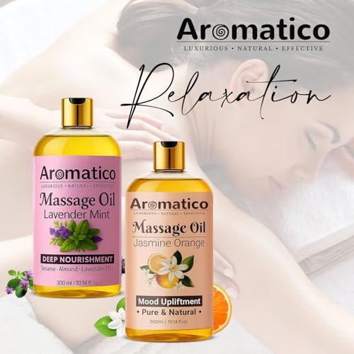 Image of AROMATICO - Lavender Mint & Jasmine Orange Massage Oils Pack of 2. For Mood Upliftment, Muscle Relaxation & Skin Nourishment, 100% Natural, Non-Sticky 300ml Pack of 2