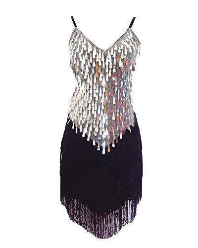 Damen Tanzkleid Pailletten Latein Kleid Wettbewerb Dancewear Quaste Rumbakleid Silber Eine Größe