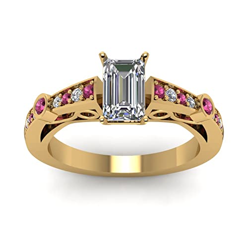 Image of 55Carat Choose Your Gemstone Tapered Vintage Engagement Ring Yellow Gold Plated Emerald Shape Vintage Engagement Rings Everyday Jewelry Wedding Jewelry Handmade Gifts for Wife US Size 4 to 12