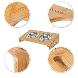 lionto erhöhter Hundenapf aus Bambus, 35x20x10 cm, doppelter Futternapf für Hunde & Katzen, 2 spülmaschinenfeste Edelstahlnäpfe Ø 14 cm, Fassungsvermögen pro Napf 250 ml, rutschfest & gelenkschonend