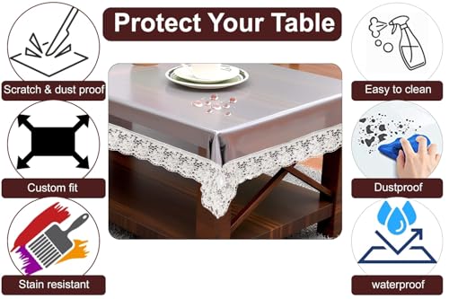 Image of The Furnishing Tree Rectangle Shaped Center Transparent Table Cover WxL 40x60 inches 0.25 mm Thickness with White Lace