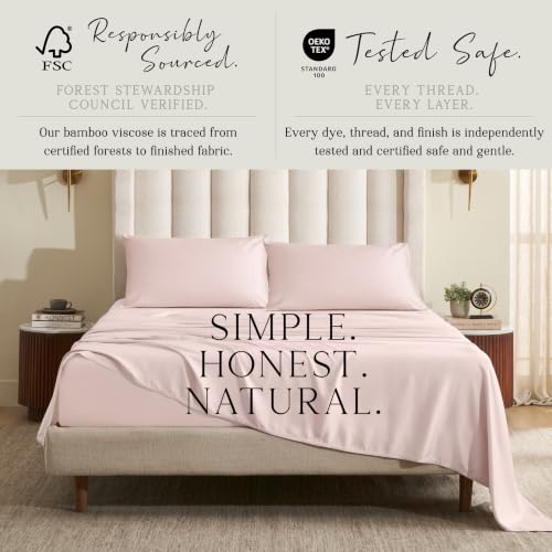 Image of KARISSA MAE Luxury Bamboo Viscose Split King Size Sheet Set, FSC Certified | Includes 2 Twin XL Fitted Sheets | Sleep Number & Adjustable Bed | Cooling | 18 inch Deep Pocket w / Corner Straps [Pink Peony]