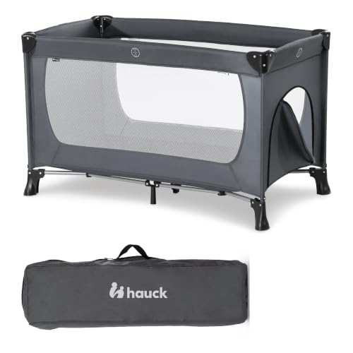 Image of Hauck Dream'n Play Plus Compact Foldable Travel Cot for Babies and Toddlers Up to 33 Pounds, with Side Hatch and Transport Bag Included, Grey