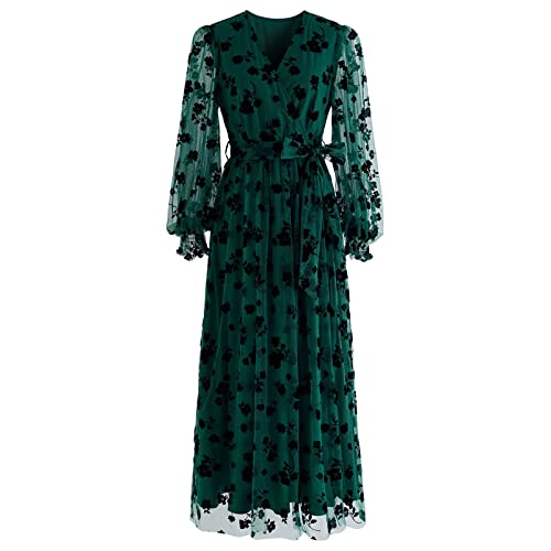 CHICWISH Women's Emerald 3D Posy Mesh Wrap Puff Sleeves Maxi Dress