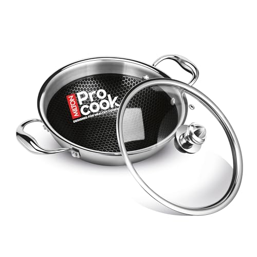 Image of Milton Pro Cook Induction Cookware & Gas Stove Friendly Triply Stainless Steel Honeycomb Mini Kadhai with Glass Lid 16cm | GREBLON C3+ Non Stick Coating | Even Heat | Metal Spoon Friendly |3Y Warranty