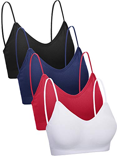 4 Pieces V Neck Cami Bra Padded Seamless Bralette Straps Sleeping Bra for Women Girls (Black, White, Wine Red, Navy Blue, Large)