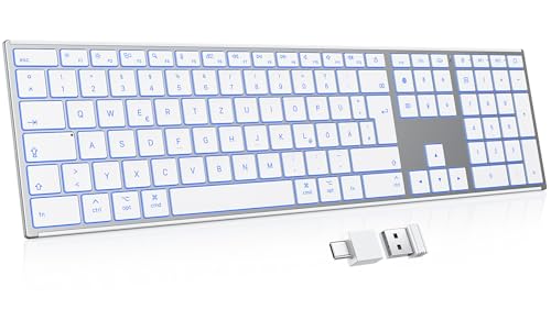 OMOTON Aluminium Clavier sans Fil Mac, 2.4G & Bluetooth (BT1/BT2), Clavier Rétroéclairé AZERTY pour Apple Macbook Pro/Air, Mac Mini, iMac, iMac Pro, Rechargeable Silencieux, Argent