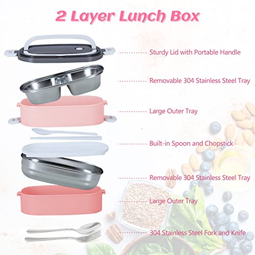 Image of Lunch Box - 2 Tier Bento Box with 3 Compartments & Cutlery
