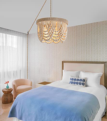 Amzasa Plug In Chandelier Boho Woven Hemp Rope Wooden Beaded Farmhosue Hanging Pendant Light Fixture With 14.8Ft Cord On/Off Switch 3 Lights For Nursery Bedroom Living Room Dining Room #TOP3