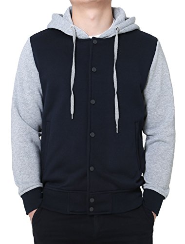 uxcell Men's Color Block Button Closure Drawstring Fleece Baseball Hoodie Jacket Navy Gray L US 42