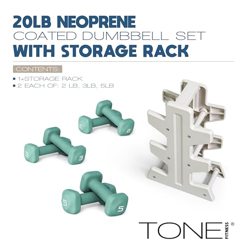 Image of Tone Fitness Neoprene Dumbbell Set with Storage Rack - Non-Slip, Anti-Roll Hand Weights for Home Gym Workouts | 20 lb, 32 lb, 50 lb, 60 lb & 100 lb Options