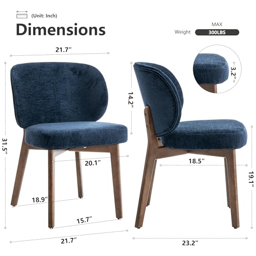 Image of YOUNIKE Dining Chairs Set of 2 Modern Kitchen Dining Room Chairs Navy Blue | Chenille Fabric Upholstered Armless Side Accent Chair with Back Wide Padded Seat Wooden Leg, Soft, Breathable, Comfortable