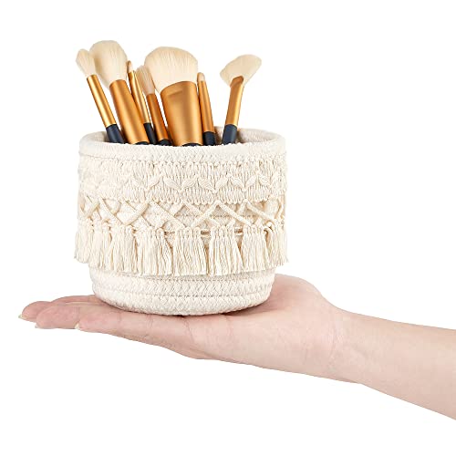 Mkono Makeup Brush Holder Organizer Mini Macrame Cosmetics Brushes Cup Storage Basket Set of 2 Boho Decor Pen Pencil Box Container