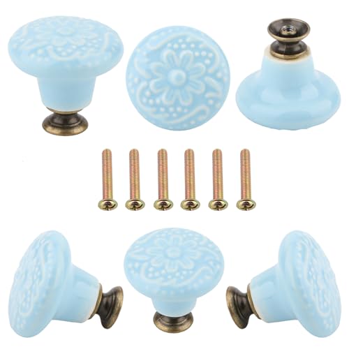 Brosay Pomos decorativos de cerámica para cajones de flores, estilo vintage, para armarios de cocina, aparadores, armarios, tiradores de puerta (6 unidades, azul claro)
