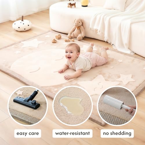 Image of Hakuna Matte CloudRise Baby Play Mat for Floor 80 inch x 110 inch Moon & Stars | Coral Velvet high-density foam Rug for Crawling Cozy Play - Non-Slip, Water-Resistant, Easy-Care Tummy Time Mat