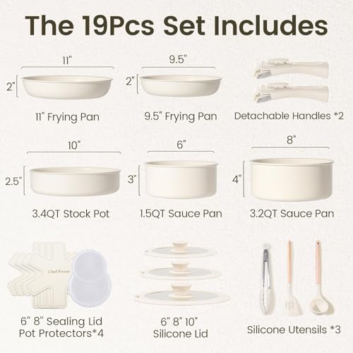 Chef Power Non-Toxic Ceramic Cookware Set, 19 Pcs, Induction Safe, Dishwasher Friendly, Cream White