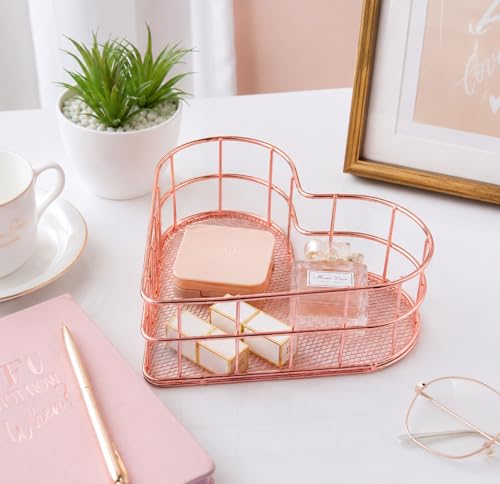 Image of Mini Heart Shape Metal Basket for Fruits, Cosmetics, Snacks & Desk Organizer | Rose Gold Wire Storage Basket for Kitchen, Dining Table, Vanity & Office