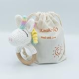 KawaiOnO Handmade Cotton Crochet Rattler for Baby, Natural Amigurumi Crochet Unicorn on Natural Teet