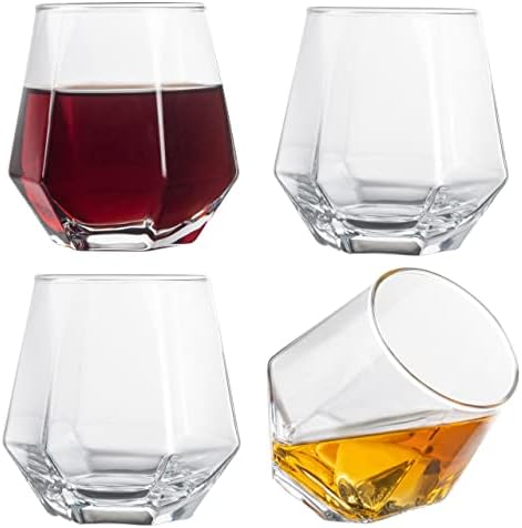 Diamond Glasses - Stemless Wine Glass Set of 4 - Geometric Tilting Design - Rolling Whiskey Glasses - Stem Less Anti Rocking Cup Diamonds Shaped - Tilted Glassware Drinking Tumblers for Whiskey/Wine