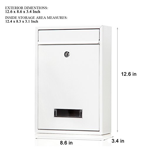 Image of Locking Mailboxes Wall Mounted Vertical - Jssmst Key Lock Mail Box Medium Capacity Galvanized Steel Cover Rust-Proof Metal Post Box, 12.6 x 8.5 x 3.4 Inch, White, SM-0604L