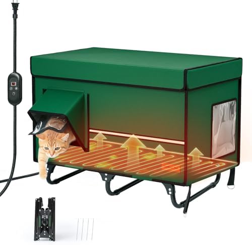 X-Large Collapsible Heated Cat House - Metal Frame, 100% Insulated Waterproof Outdoor Stray Cat Shelter with Heating Pad & Escape Door,Temperature Control & Timer, Warm Shelter for Cats, Green