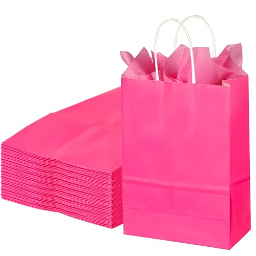 Image of BLEWINDZ 32Pcs Small Paper Gift Bags with Tissues, Hot Pink Party Favor Bags with Handles, 8.7 inch Goodie Bag for Birthday, Shopping, Party Supplies