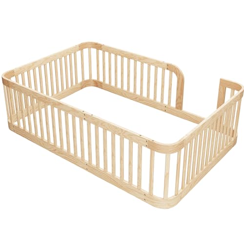 Image of Bellemave Twin Size Floor Bed Frame with High Fence,Solid Wood Kids Montessori Floor Bed Twin for Girls Boys,Rounded Corner Design,Natural