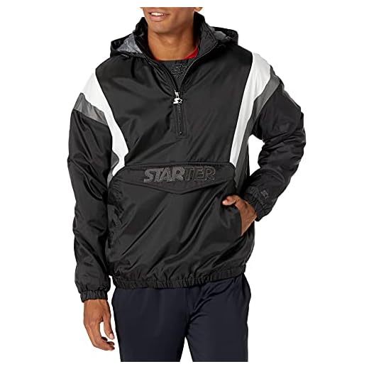 Starter Men's Throwback Half-Zip Pullover Jacket, Amazon Exclusive, Black with Iron Grey, Large