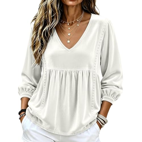 Velvet Top Women Lace Trim Long Sleeve V-Neck Babydoll Velour Shirts - image 5