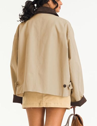 Lviefent Womens Contrast Collar Jacket Casual Button Down Long Sleeves Crop Trench Coat Outerwear with Pockets4