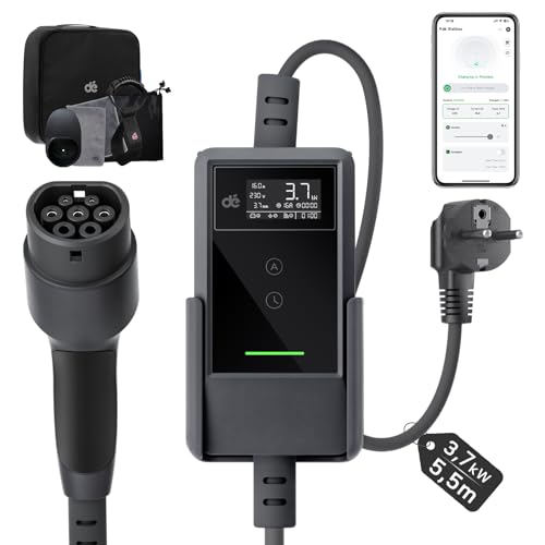 dé Cargador Coche Electrico App 3,7kW [5,5m, Monofásico, 6-16A] Cargador Vehiculo Electrico con LCD Pantalla Potencia Ajustable, Cargador Carro Electrico para Model Y/3, EV3 y vehículos BEV/PHEV