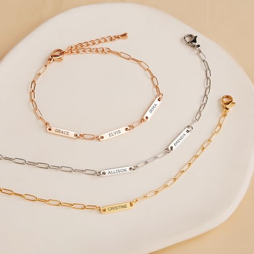 Anavia Personalized Paperclip Chain Bracelet, Customized Engraving Name Date Initial Link Chain Bracelet for Mother Couples BFF Friendship Sisters Family, Love Connection Handmade Jewelry Gift2