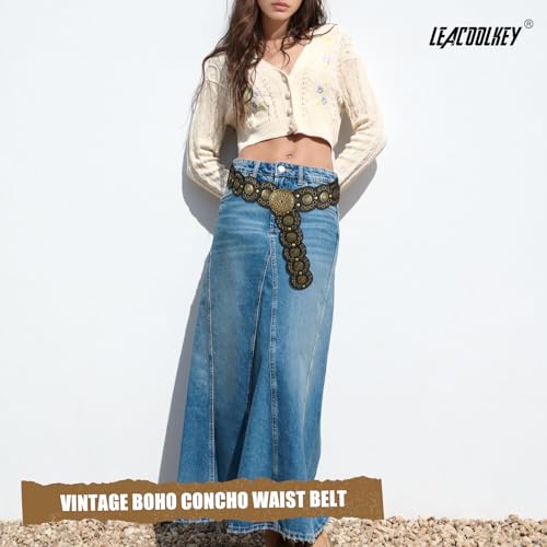 Hollow Disc Belt Western Leather Belt Boho Concho Belt Vintage Waist Belt for Women4