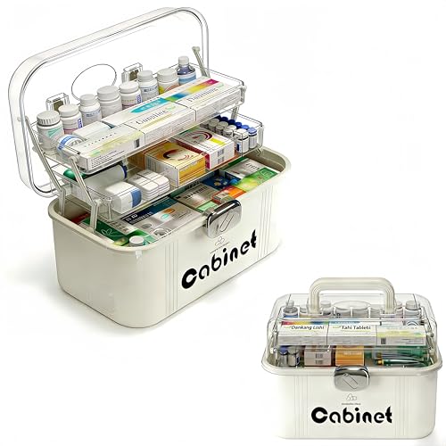 Drllepwoo Family First Aid Medical Box - Large Capacity 3-Layer Portable Medicine Cabinet with Clear Organizer Trays, BPA-Free Plastic Storage Case for Home, Travel, Emergency Supplies (White)