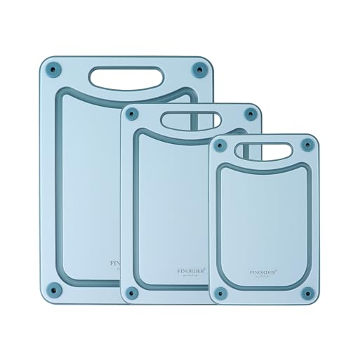 Finorder Set of 3 Sizes Cutting Boards with Easy Grip Handle and Juice Grooves, Chopping Board Non-Slip Reversible BPA-Free Dishwasher Safe for Veggies Chopping Meat, Sky Blue