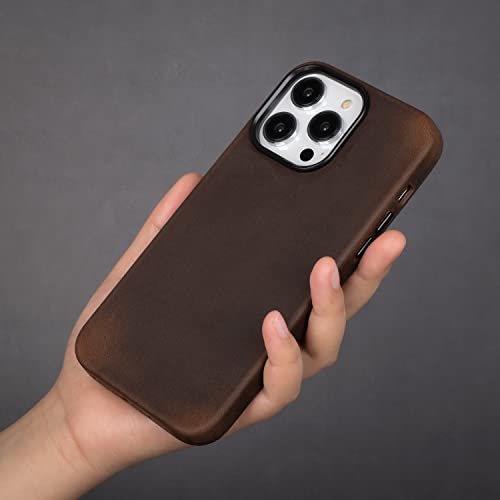 Maogoam Iphone 14 Pro Leather Case Compatible With Magsafe For Men, Genuine Vintage Oil Wax Crazy Horse Cowhide Leather Case For Iphone 14 Pro 6.1", Indiana Jones Style, Handmade, Dark Brown #TOP7