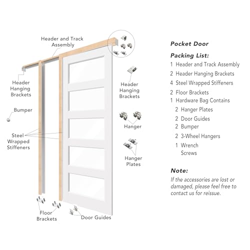 Image of Sliding Pocket Door with Lock, 30 inch x 80 inch, 5-Lite Clear Tempered Glass Pocket Doors with Frame and Hardware Kit Set, Interior Door Slab, White Primed - No Panel Assembly Required