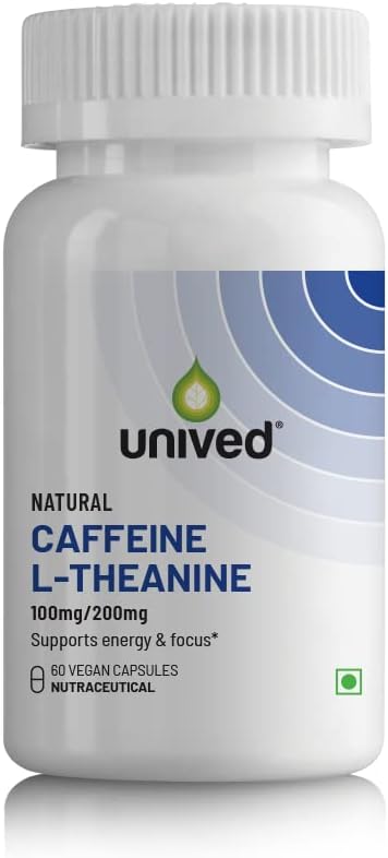 Unived Natural Caffeine L-Theanine Capsules (100mg/200mg), for Energy & Focus, Nootropic, 60 Vegan Capsules