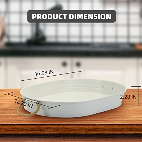Farmhouse Galvanized Trays Farmhouse Decor 16.9"X12.2" Oval Trays With Handles Decorative Tray For Coffee Table Centerpieces Modern Farmhouse Home Decorations(Set Of 2,White) #TOP1
