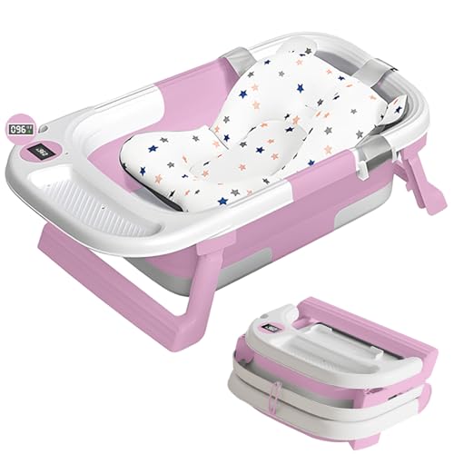 Collapsible Baby Bathtub,Gift Bundle,with Removable Soft Bath Pad&Storage Tray&Thermometer，Non-Slip Infant Shower Basin Newborn to Toddler 0-36 Months,Portable Travel Esencials Girl Foldable Tub,Pink