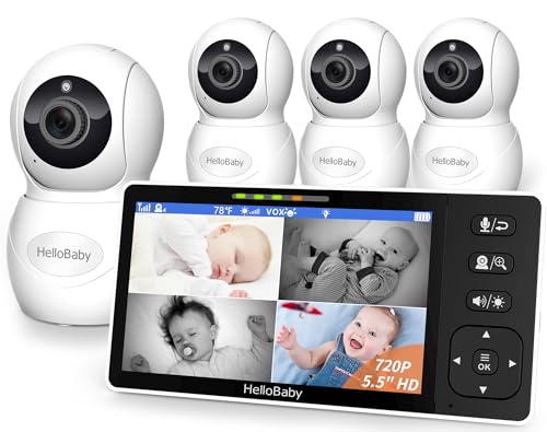 HelloBaby Baby Monitor with 4 Cameras, 5.5" 720P HD Screen, No WiFi Audio Split Screen Display, 1080P Cameras, Remote Pan-Tilt-Zoom, 2-Way Talk, Night Vision, 4000mAh Battery, Wide View, Clock & Timer