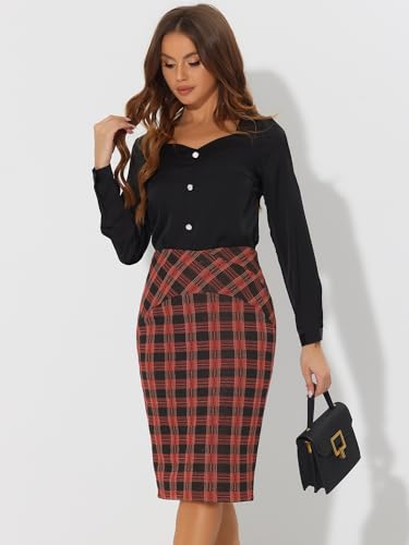 Allegra K Women's Elastic High Waist Knee Length Plaid Pencil Skirt with Side Zipper2